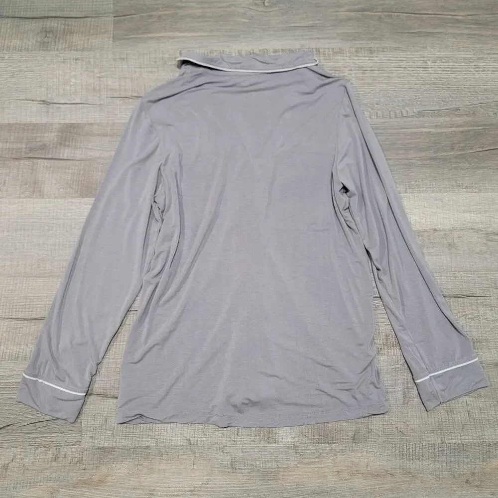 Barefoot Dreams Luxe Milk Jersey Piped Pajama PJ Button Up Shirt XS Gray Top - Picture 2 of 7